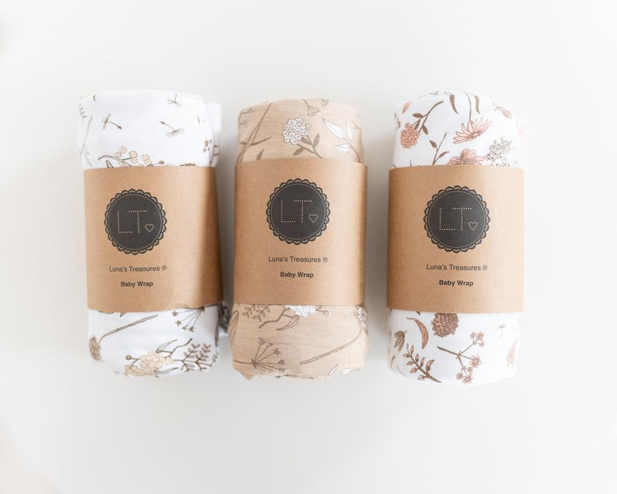 Bamboo Jersey Swaddle Wrap - Wild Meadow (Neutral Base with White Petals)-Swaddle-Luna's Treasures-Eko Kids