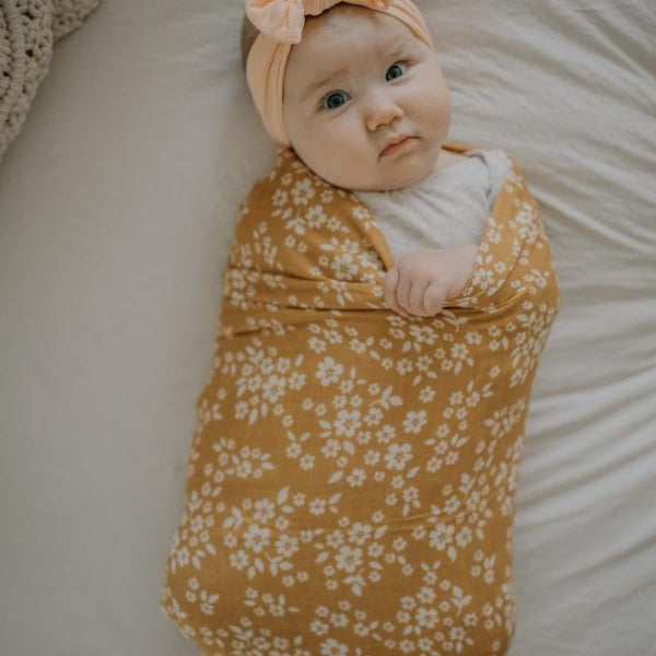 Muslin Cotton Swaddle - Whimsy Floral - Mustard-Swaddle-The Mini Scout-Eko Kids